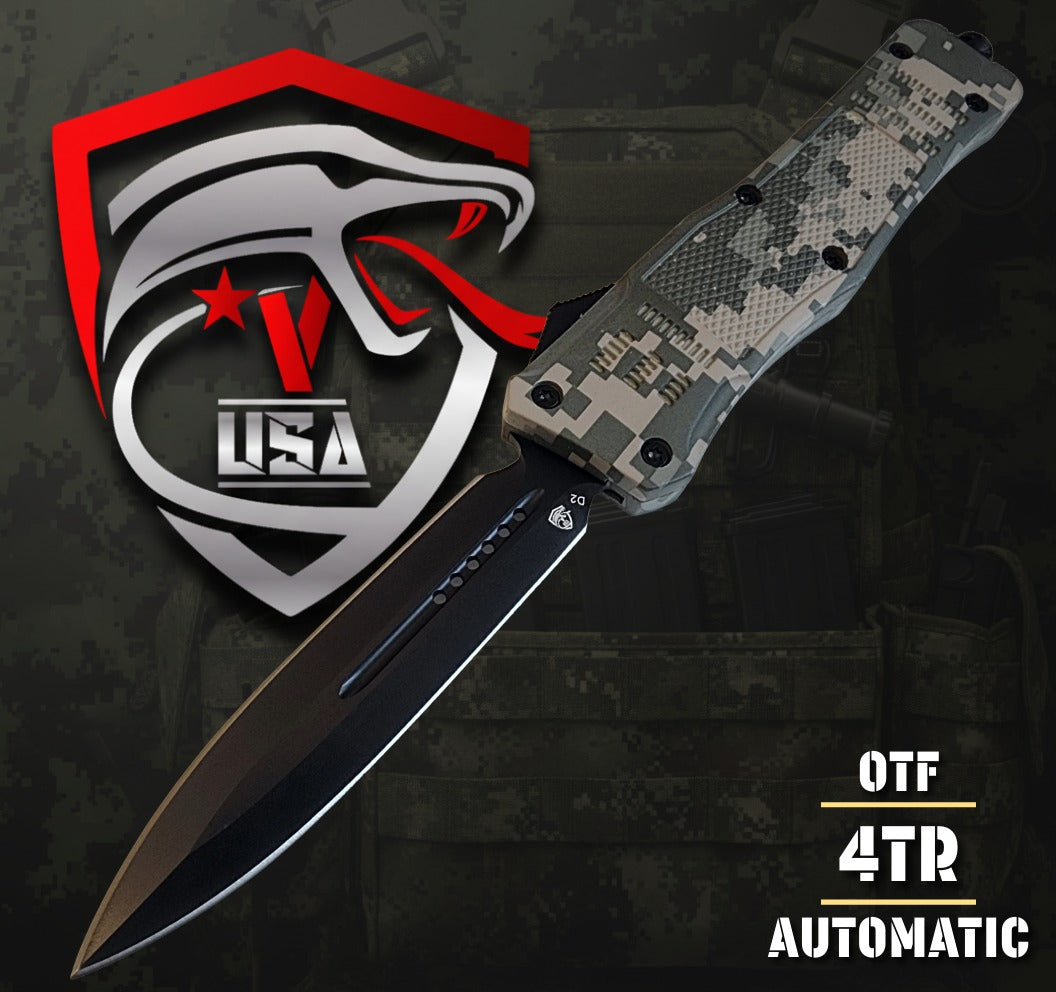 OTF Knife with camouflage handle and black double edge blade sold by Southern Sporting Goods LLC