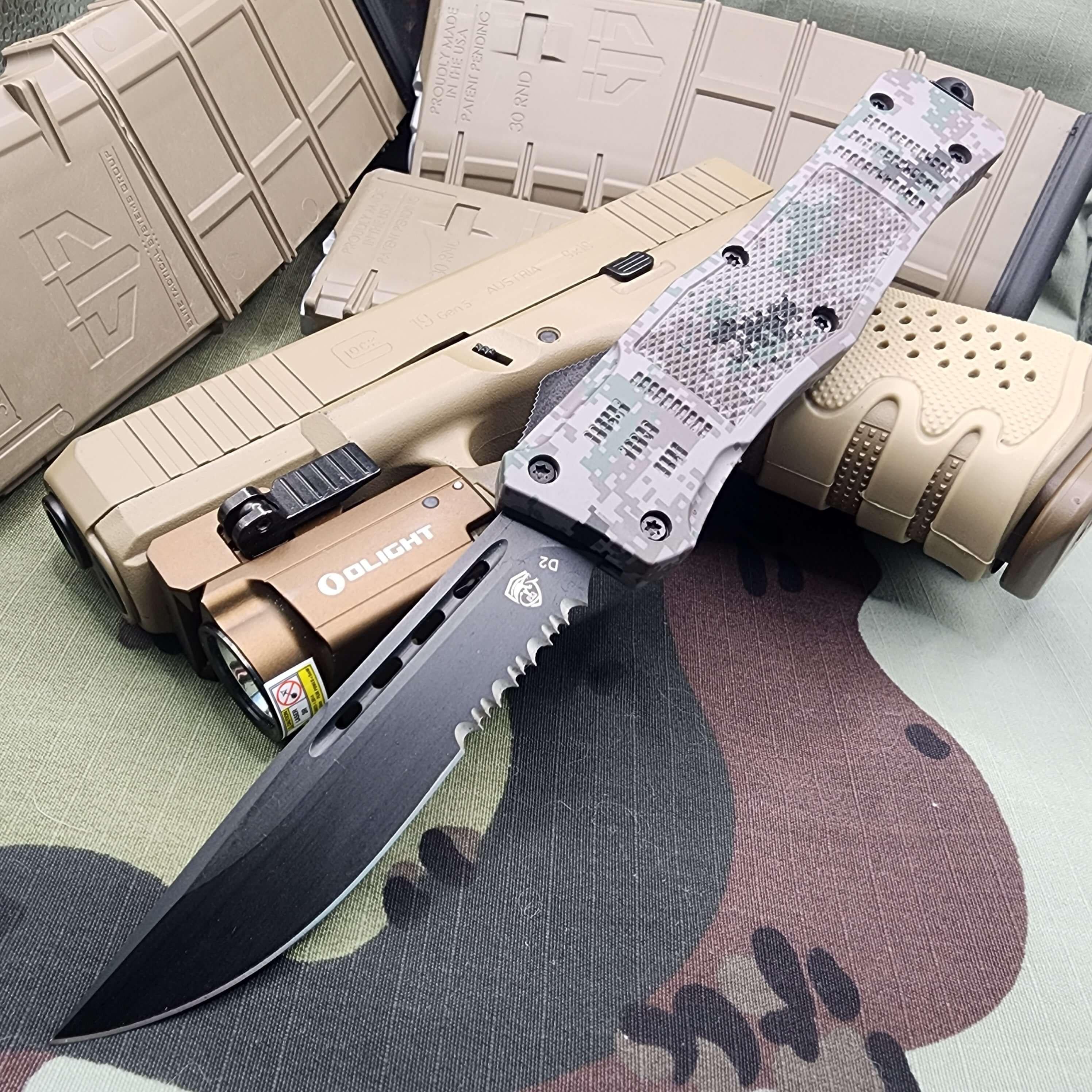 Elite Venom OTF Knife - Venom 4TR ELITE Tactical OTF in Recon Camo with Black DP Par Serrated 3.4-inch Blade