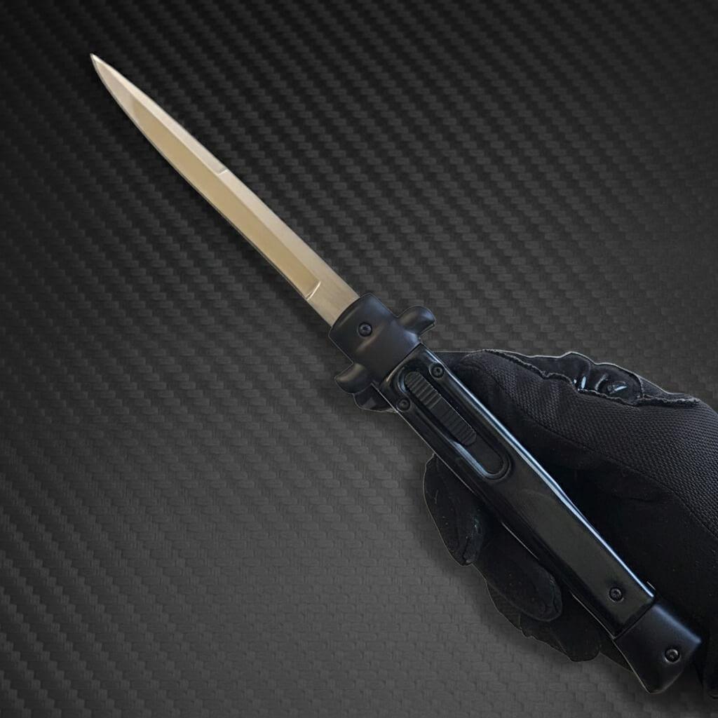 11" Italian Mafia D/A Stiletto OTF Knife - Fractured Onyx - Polished Plain Bayonet