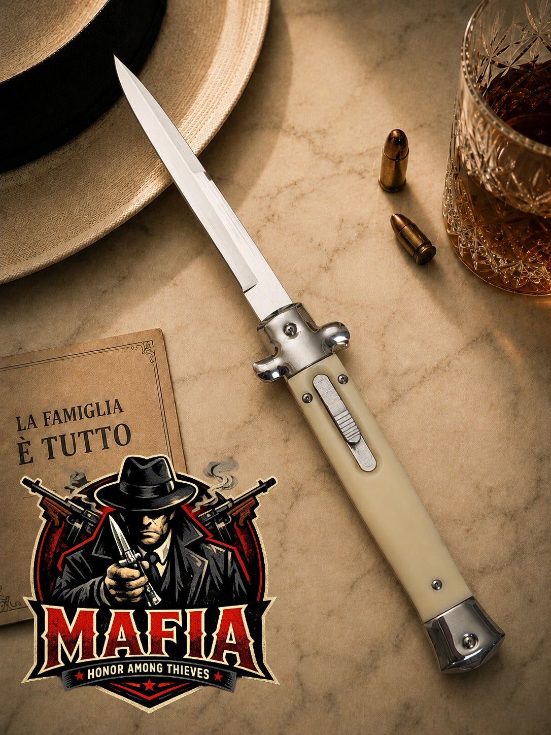 11 Italian Mafia DA Stiletto OTF Knife - Ivory - Polished Plain Bayonet