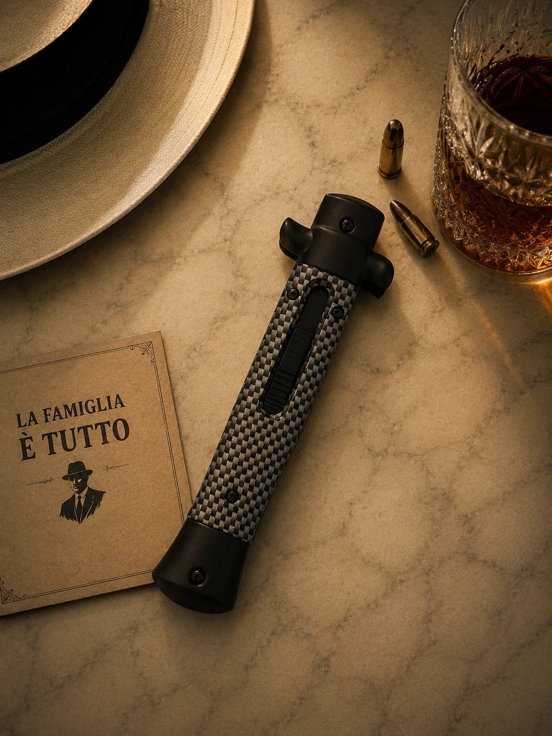 9" Italian Mafia D/A Stiletto OTF Knife – Carbon Fiber – Satin Plain Bayonet