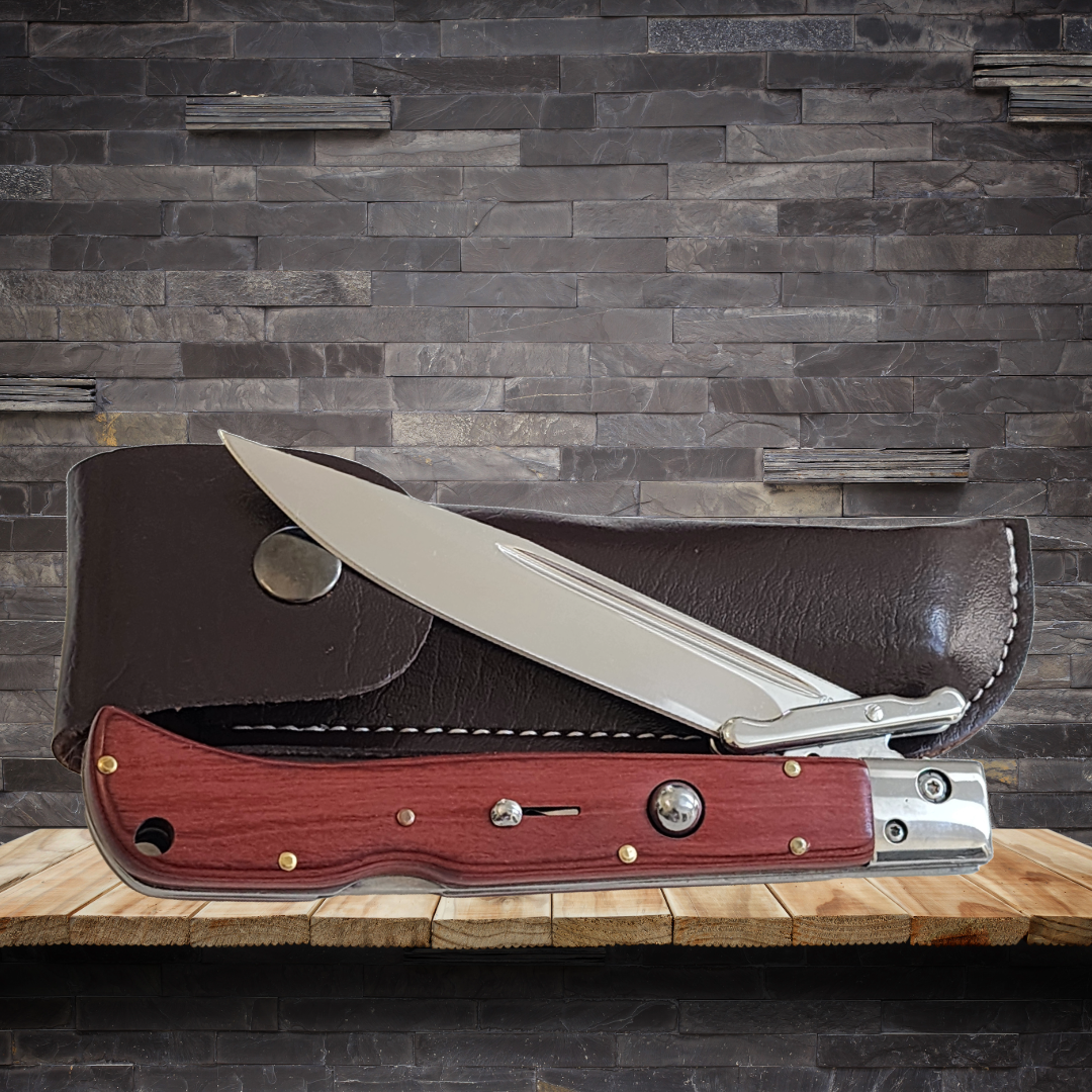 AKC 11" Italian Roma Swinguard Automatic Knife - Red Pakka Wood (4.62" Polished).