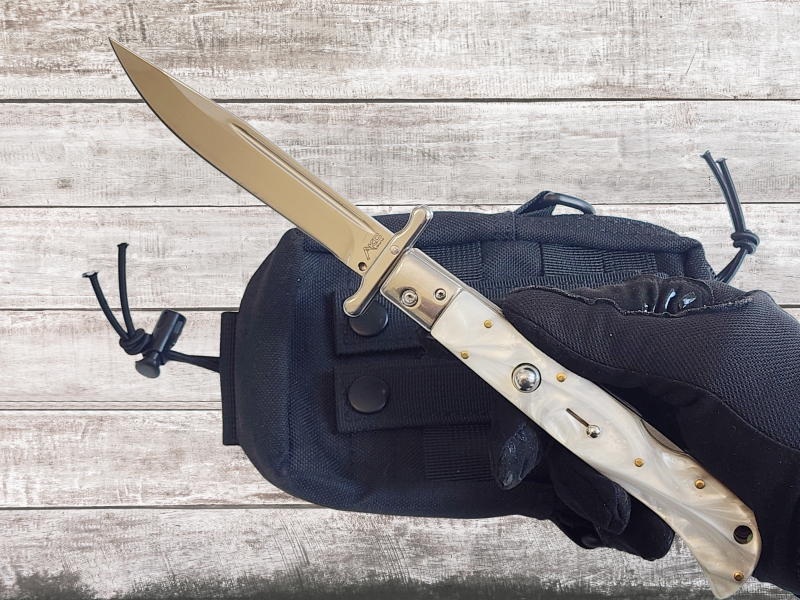 AKC 11" Italian Roma Swinguard Automatic Knife - White Pearlex (4.62" Polished).