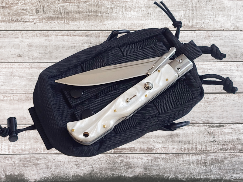 AKC 11" Italian Roma Swinguard Automatic Knife - White Pearlex (4.62" Polished).