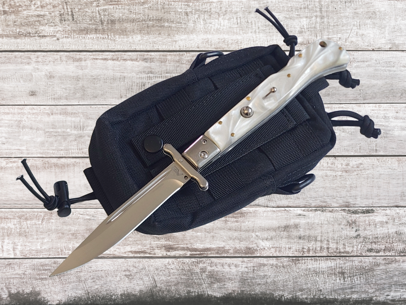 AKC 11" Italian Roma Swinguard Automatic Knife - White Pearlex (4.62" Polished).