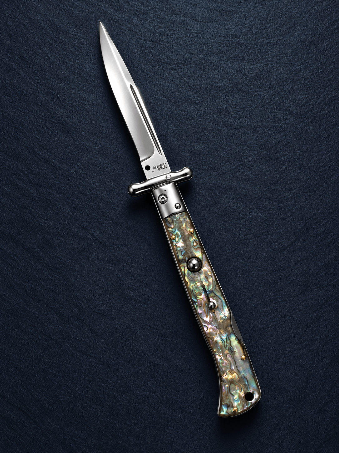 AKC 11 Roma Swinguard Automatic Knife – Abalone Handle, Polished Drop Point Blade