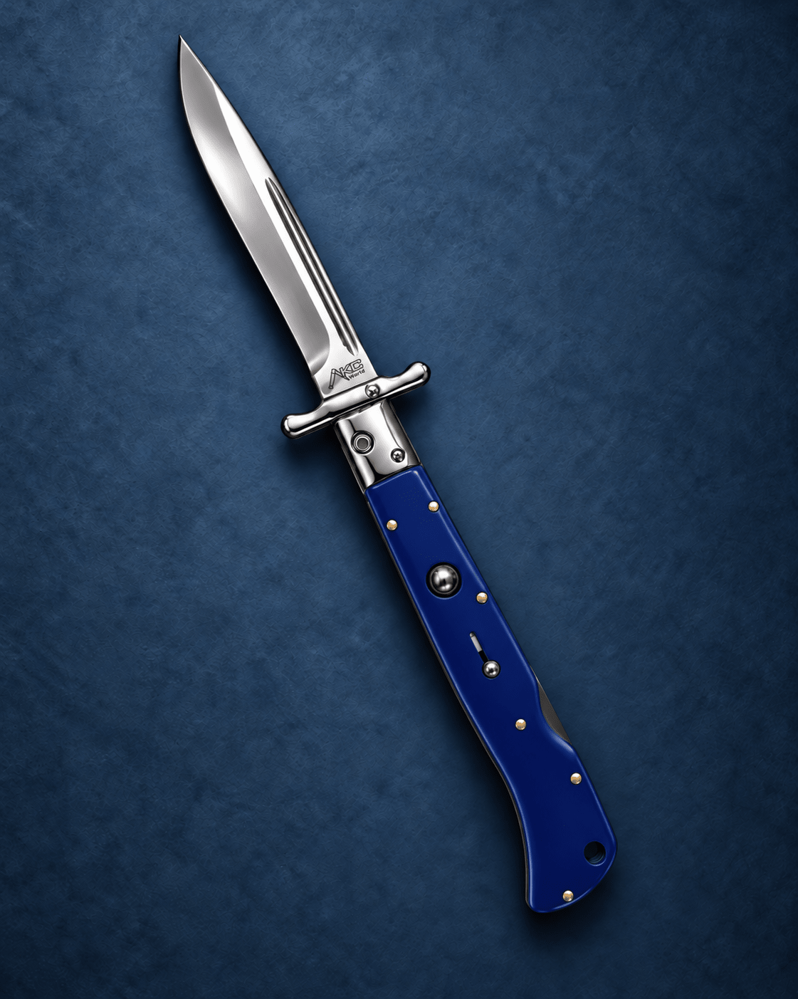 AKC 11 Roma Swinguard Automatic Knife – Blue Handle, 4.62 Polished Drop Point Blade