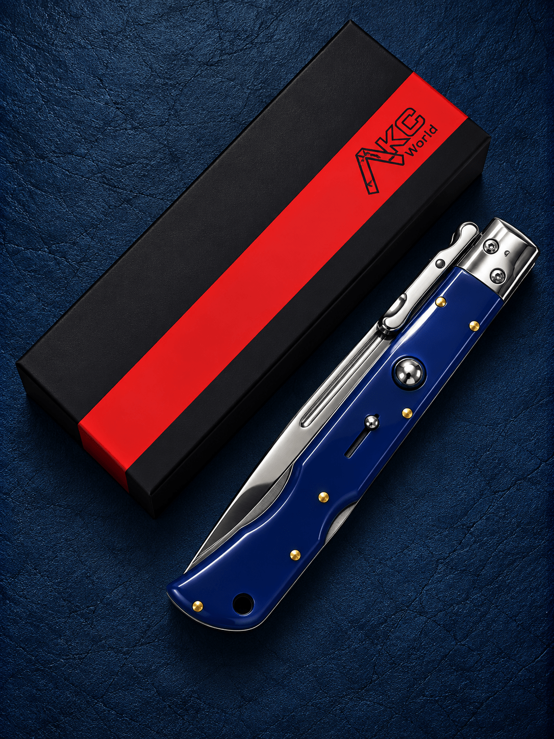 AKC 11 Roma Swinguard Automatic Knife – Blue Handle, 4.62 Polished Drop Point Blade