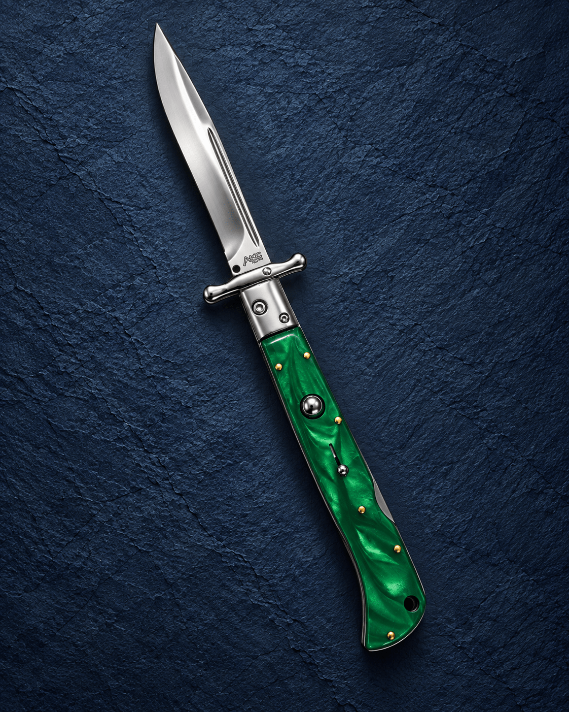 AKC 11 Roma Swinguard Automatic Knife – Green Pearl 4.62 Polished Drop Point Blade