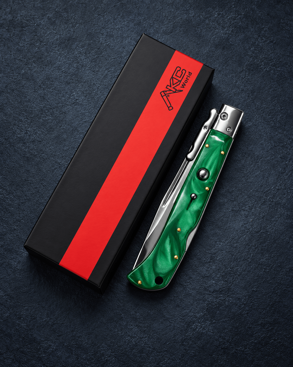 AKC 11 Roma Swinguard Automatic Knife – Green Pearl 4.62 Polished Drop Point Blade