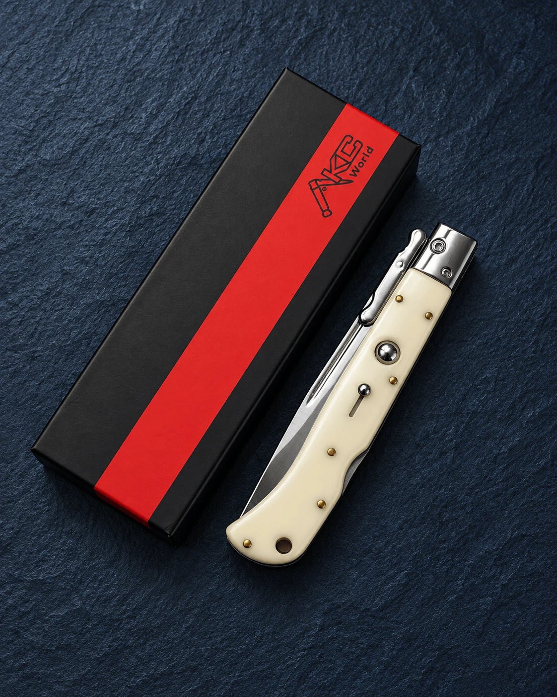 AKC 11 Roma Swinguard Automatic Knife – Ivory Handle, 4.62 Polished Drop Point Blade
