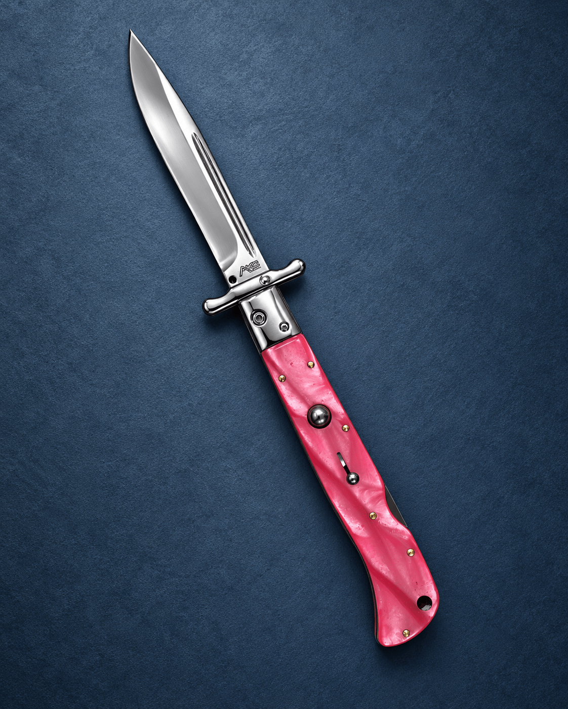 AKC 11 Roma Swinguard Automatic Knife – Pink Pearl Acrylic Handle, 4.62 Polished Drop Point Blade
