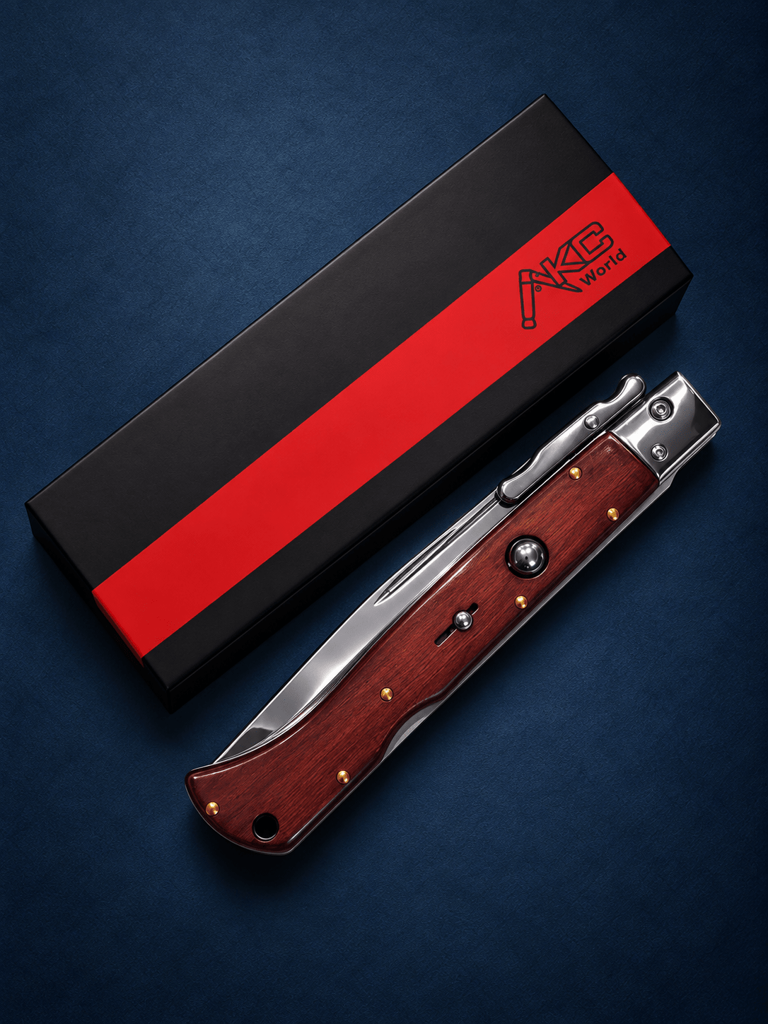 AKC 11 Roma Swinguard Automatic Knife – Red Pakka Wood Handle, Polished Drop Point Blade