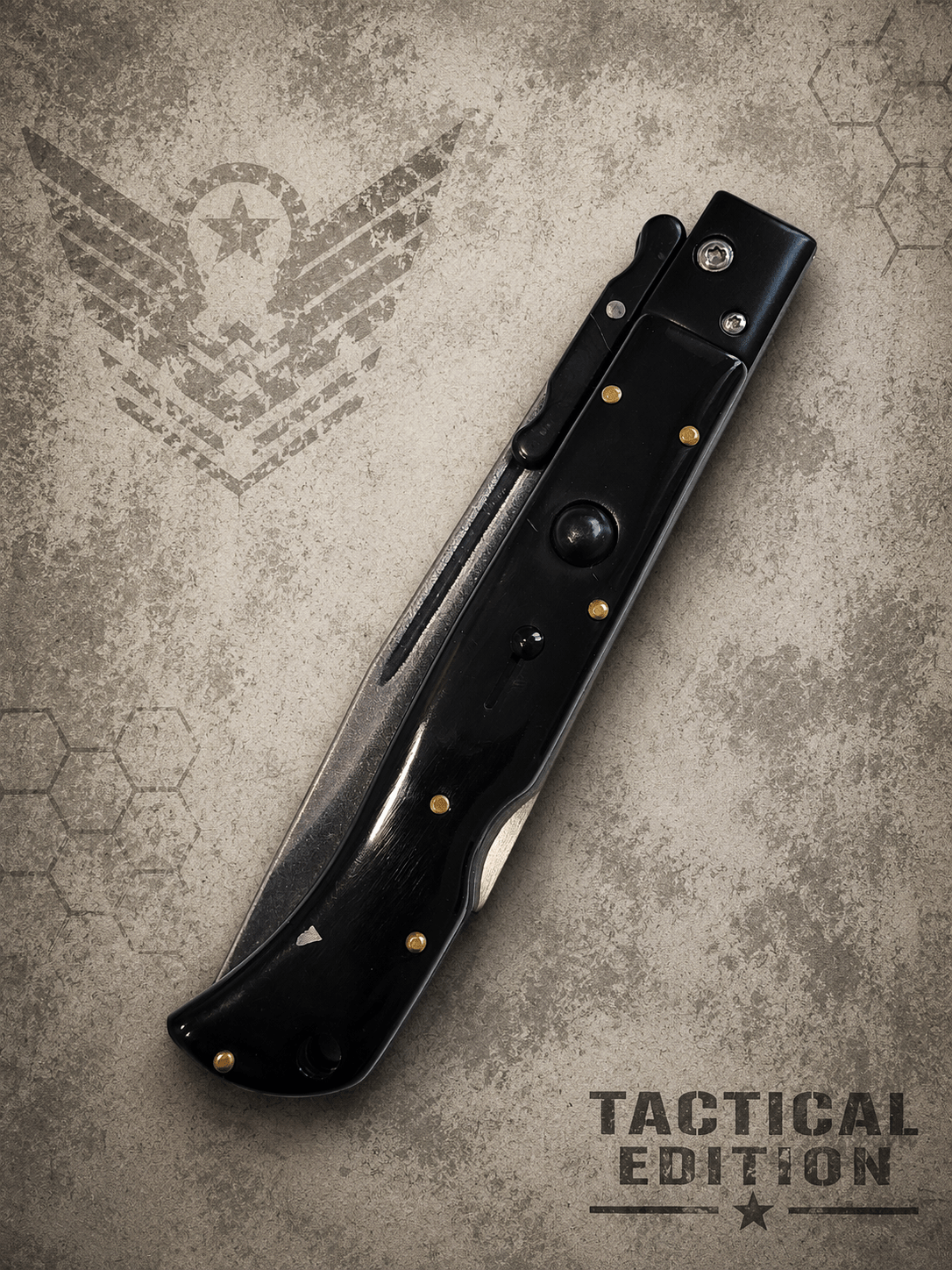 AKC 11" Roma Swinguard Automatic Knife – Tactical Blackout Edition | Black Stonewash Blade