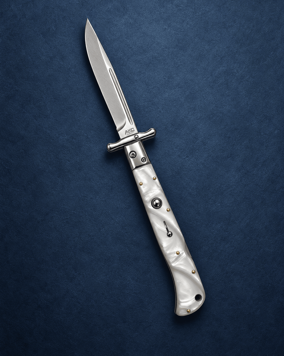 AKC 11 Roma Swinguard Automatic Knife – White Pearlex Acrylic Handle, 4.62 Polished Drop Point Blade