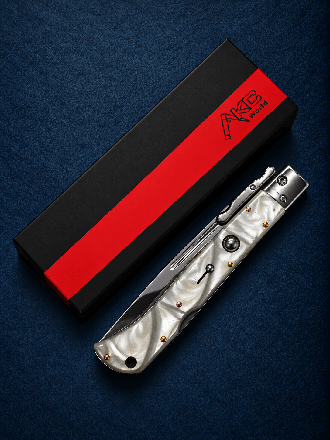 AKC 11 Roma Swinguard Automatic Knife – White Pearlex Acrylic Handle, 4.62 Polished Drop Point Blade