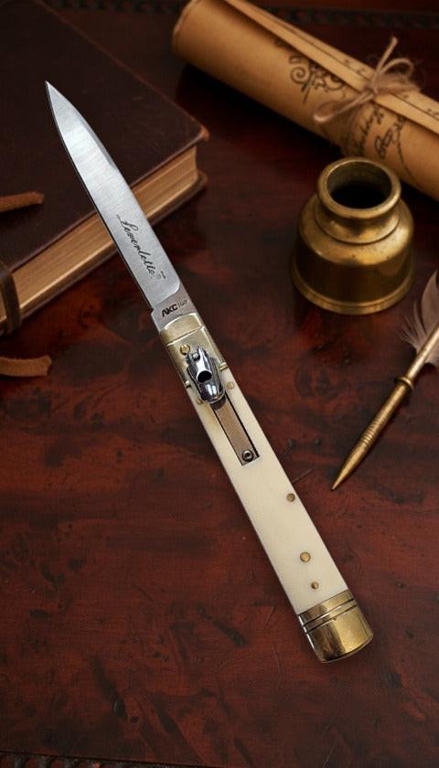 Italian Leverlock AKC 9 Knife with Ivory Satin Plain finish, high-quality craftsmanship