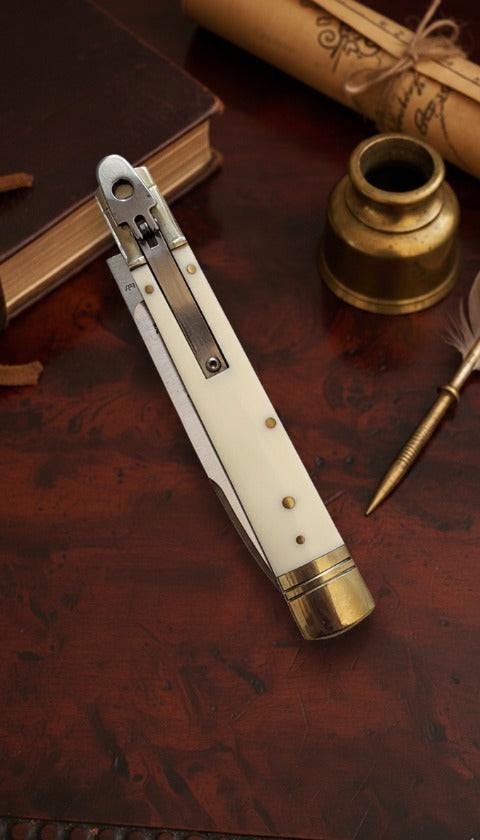 Italian Leverlock AKC 9 Knife with Ivory Satin Plain finish, high-quality craftsmanship
