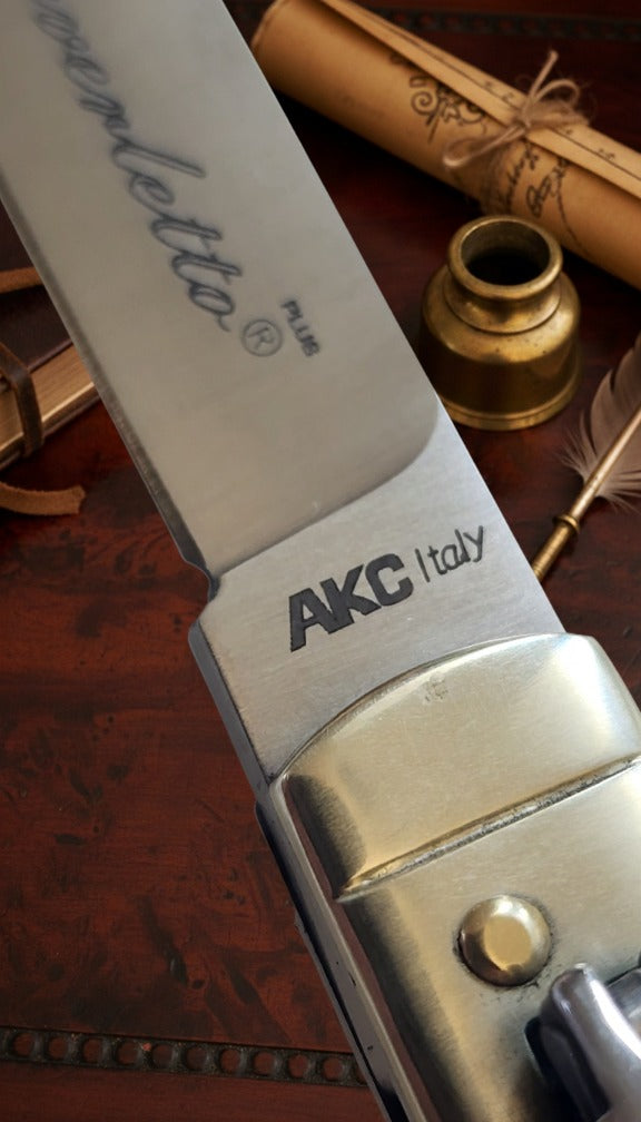 Italian Leverlock Knife AKC 9-inch featuring Stag handle with Satin Plain finish, ideal for collectors and knife enthusiasts