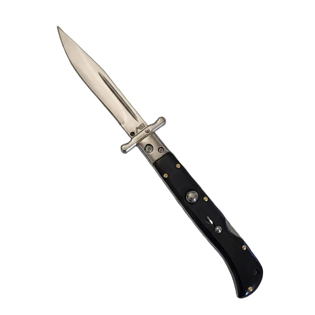 Italian Roma AKC 9 Swinguard Automatic knife in polished fractured onyx, perfect blend of style and functionality.