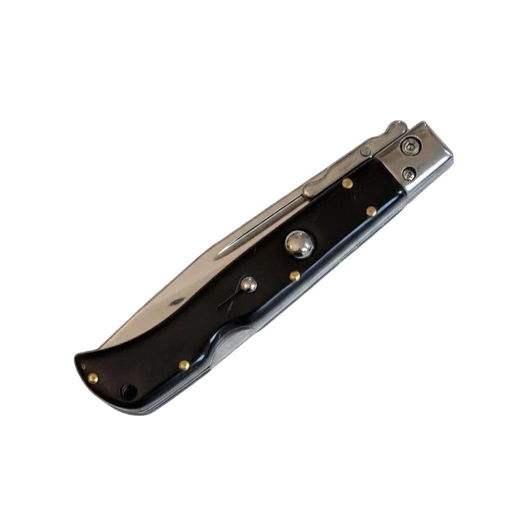 Italian Roma AKC 9 Swinguard Automatic knife in polished fractured onyx, perfect blend of style and functionality.