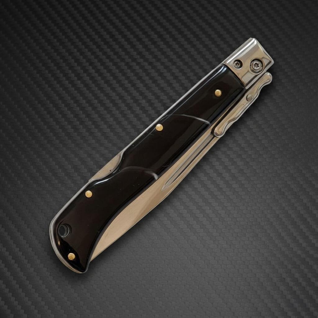 Italian Roma AKC 9 Swinguard Automatic knife in polished fractured onyx, perfect blend of style and functionality.