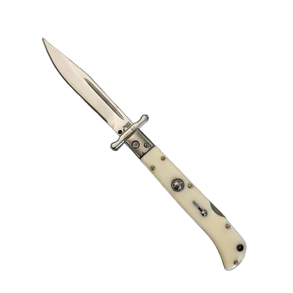 Elegant AKC 9-inch Italian Roma Swinguard Automatic Knife with Ivory Handle, 3.75 Polished Blade for Precision