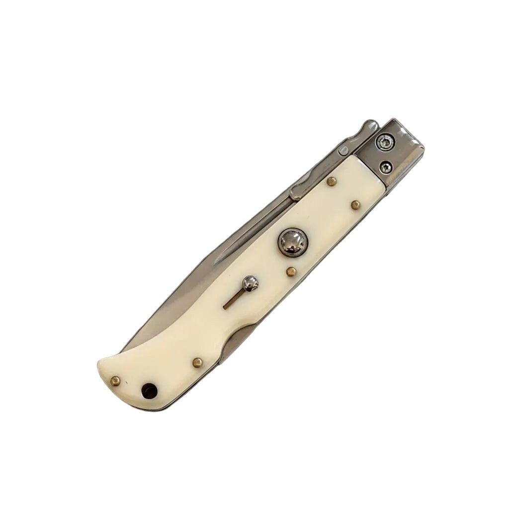 Elegant AKC 9-inch Italian Roma Swinguard Automatic Knife with Ivory Handle, 3.75 Polished Blade for Precision