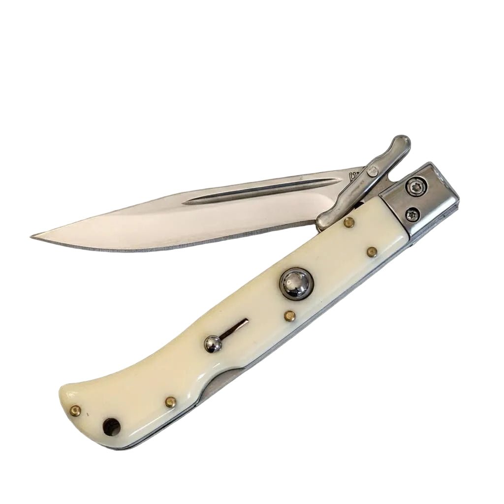 Elegant AKC 9-inch Italian Roma Swinguard Automatic Knife with Ivory Handle, 3.75 Polished Blade for Precision