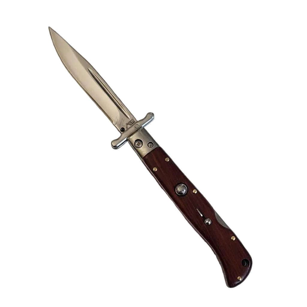 Premium Switchblade AKC 9 Italian Roma Swinguard Automatic knife with wood handle, polished 3.75-inch blade