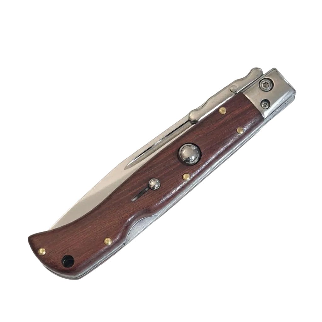 Premium Switchblade AKC 9 Italian Roma Swinguard Automatic knife with wood handle, polished 3.75-inch blade