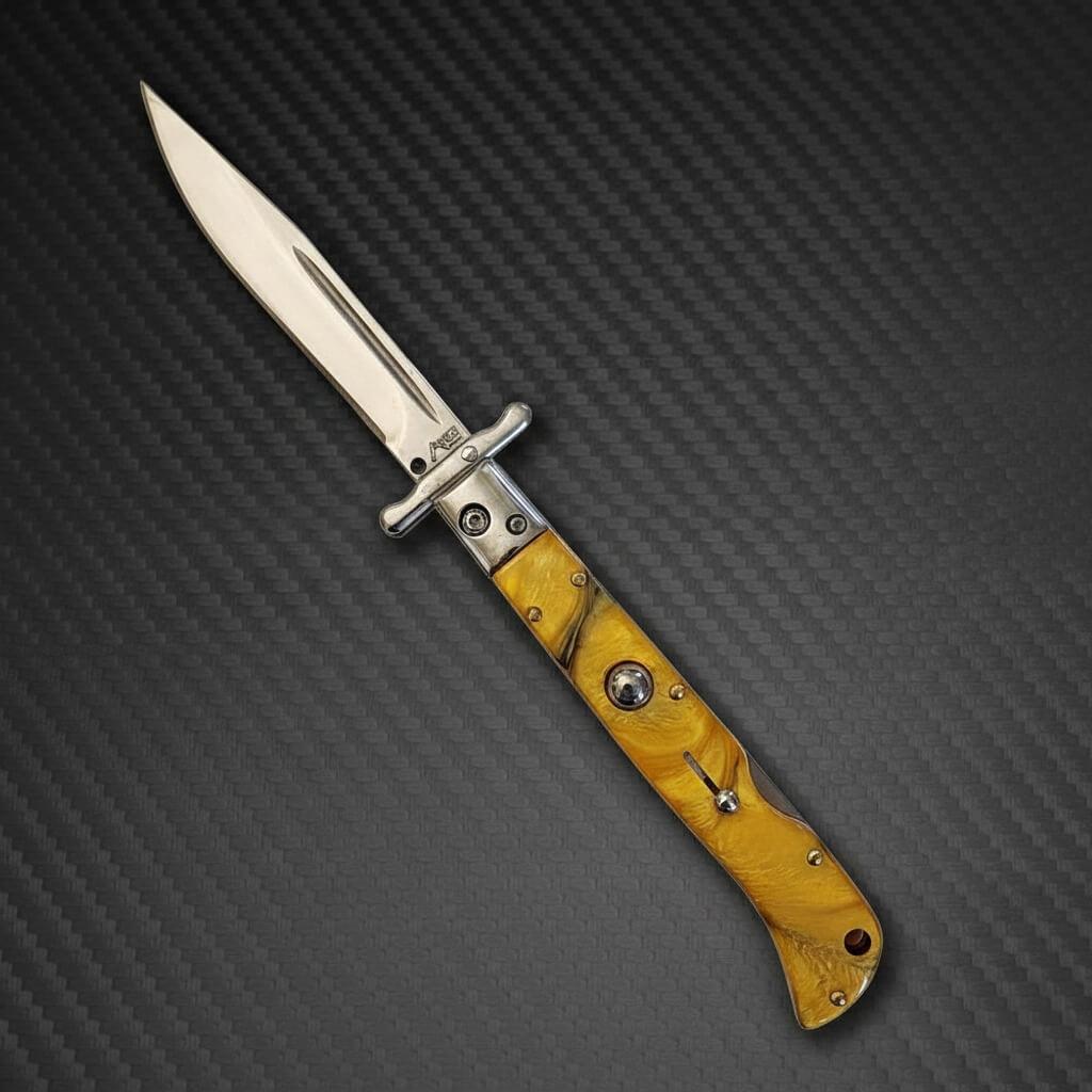 Italian Swinguard AKC 9 Yellow Pearl Automatic Knife - Polished 3.75 Blades