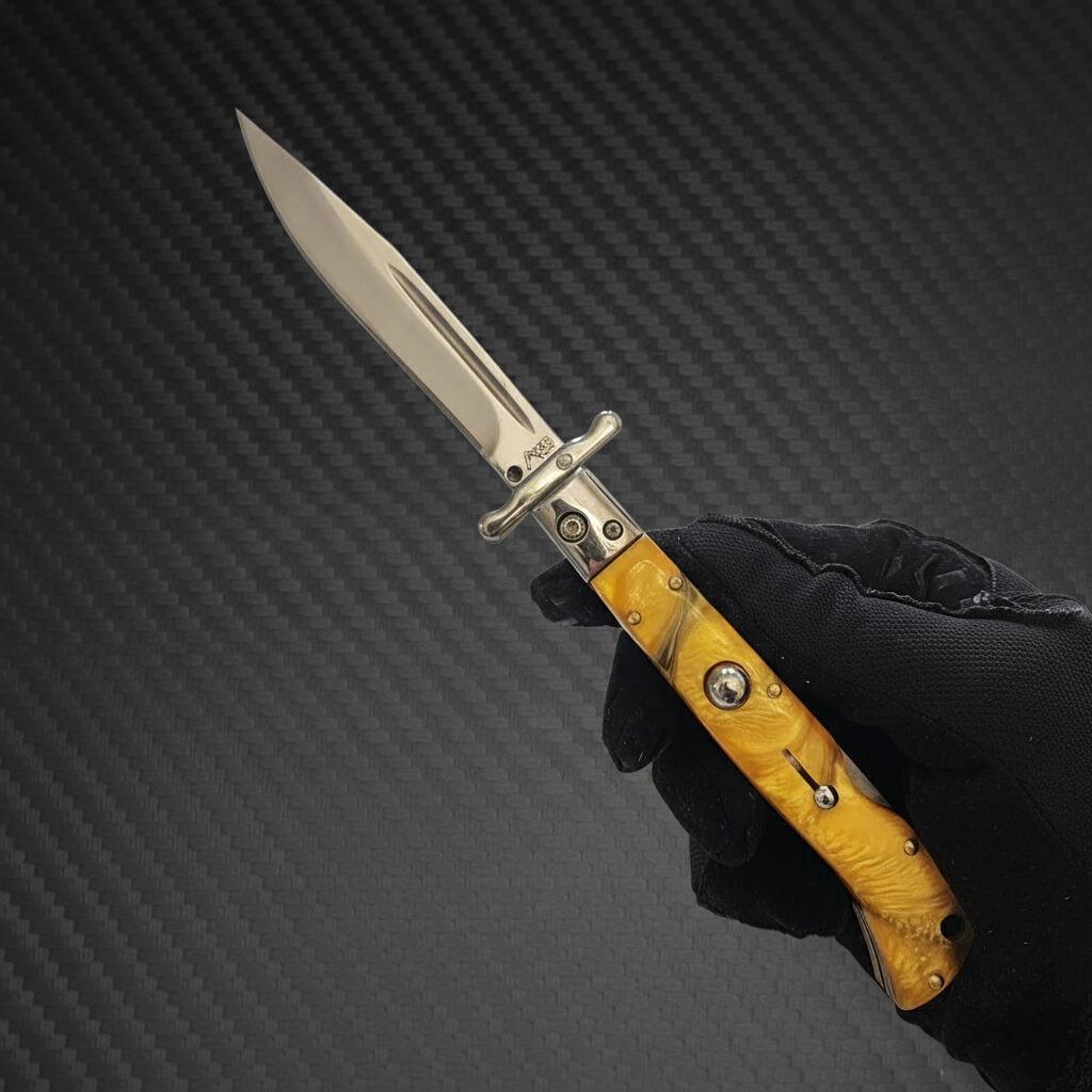 Italian Swinguard AKC 9 Yellow Pearl Automatic Knife - Polished 3.75 Blades