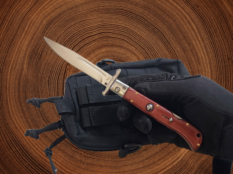 AKC 9" Italian Roma Swinguard Automatic Knife - Red Pakka Wood (3.75" Polished).