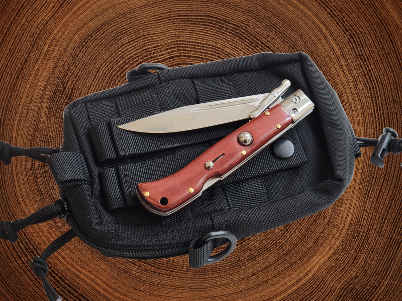 AKC 9" Italian Roma Swinguard Automatic Knife - Red Pakka Wood (3.75" Polished).