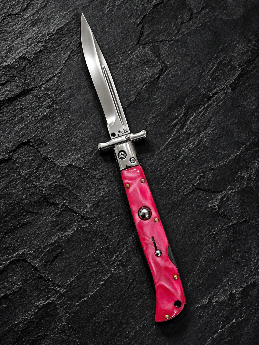 AKC 9 Italian Roma Swinguard Automatic Knife – Pink Pearl Handle, 3.75 Polished Drop Point Blade