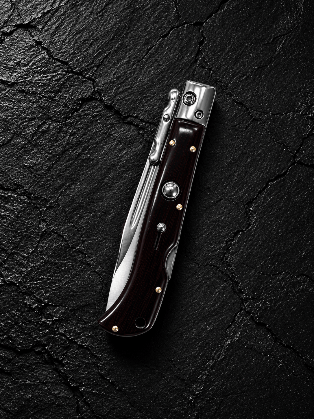 AKC 9 Italian Roma Swinguard Automatic Knife – Wood Handle, 3.75 Polished Drop Point Blade