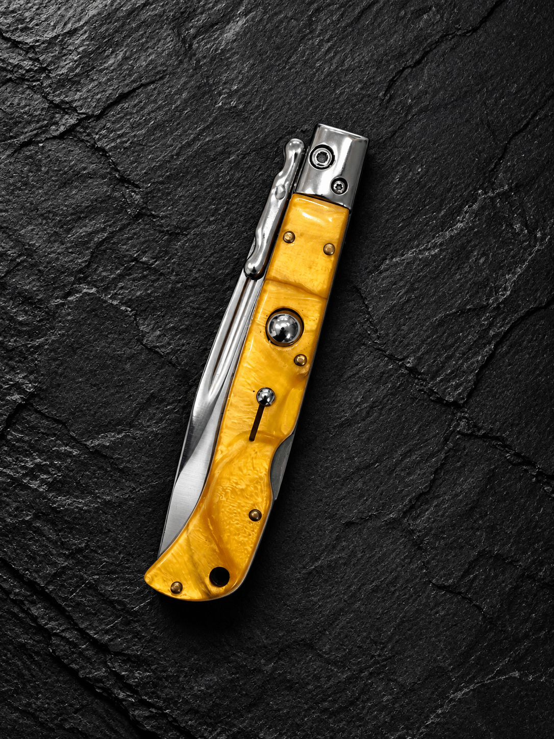 AKC 9 Italian Roma Swinguard Automatic Knife – Yellow Pearl 3.75 Polished Drop Point Blade