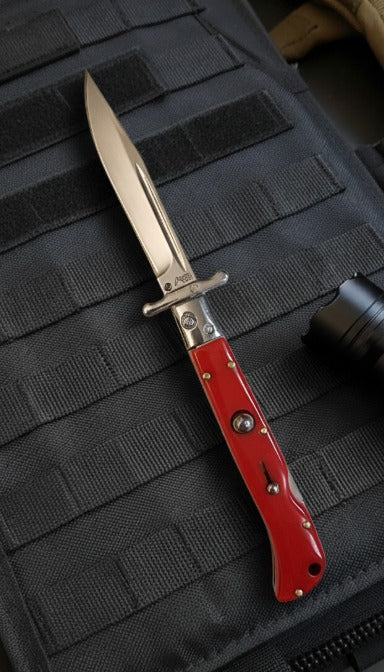 AKC 9 Italian Roma Swinguard Knife in Polished Red, Luxury Auto Knife with 3.75 Blade for Precision and Style