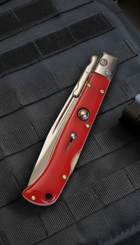 AKC 9 Italian Roma Swinguard Knife in Polished Red, Luxury Auto Knife with 3.75 Blade for Precision and Style