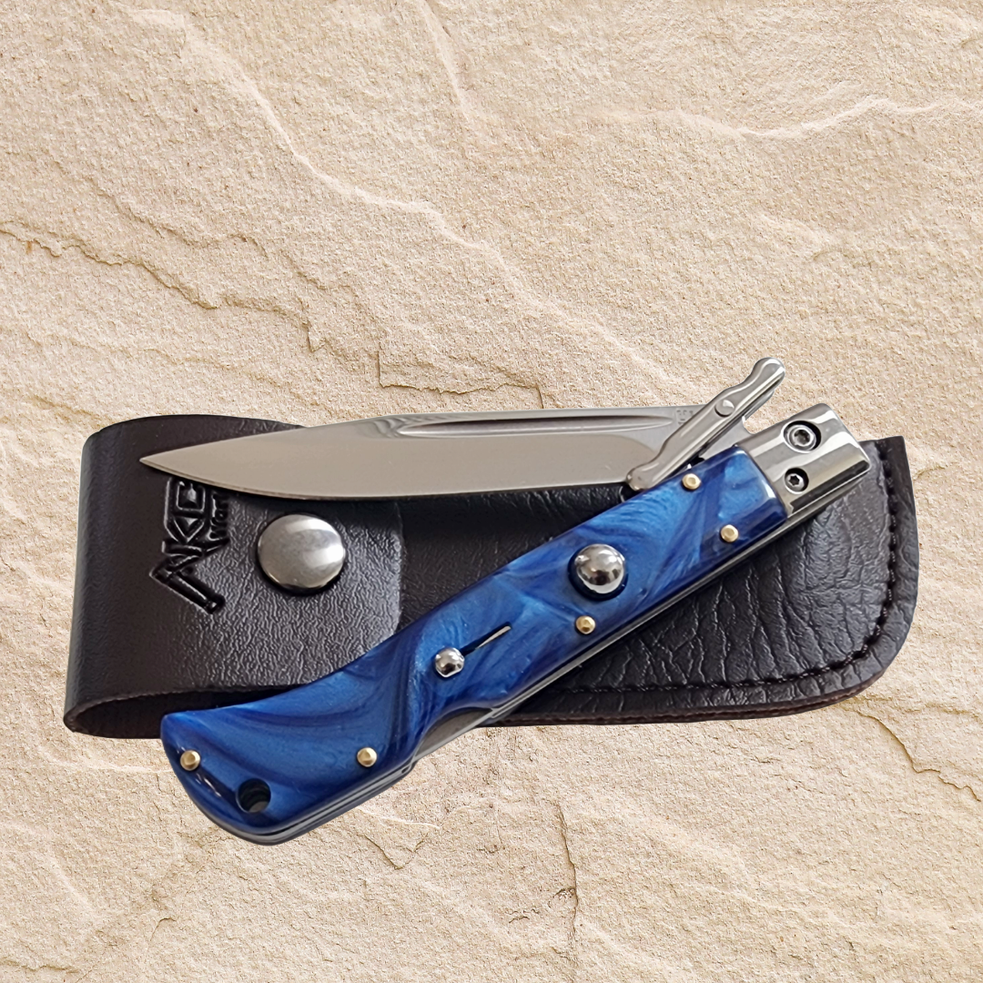 AKC 9" Italian Roma Swinguard Switchblade - Blue Pearl (3.75" Polished).