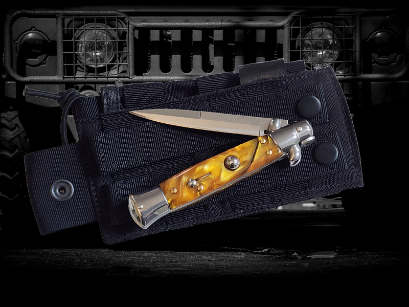 Gold Pearl Stiletto switchblade knife with AKC branding, elegant automatic blade for collectors or enthusiasts