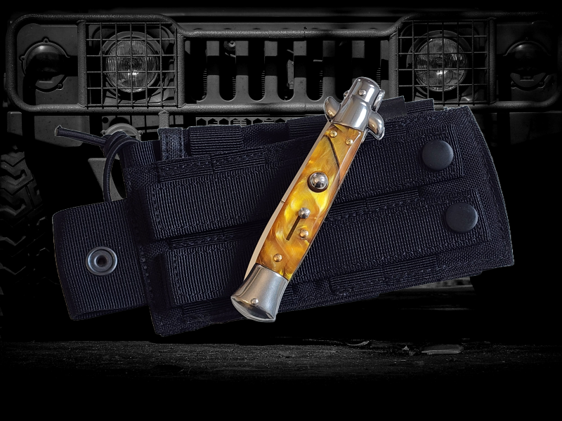 Gold Pearl Stiletto switchblade knife with AKC branding, elegant automatic blade for collectors or enthusiasts