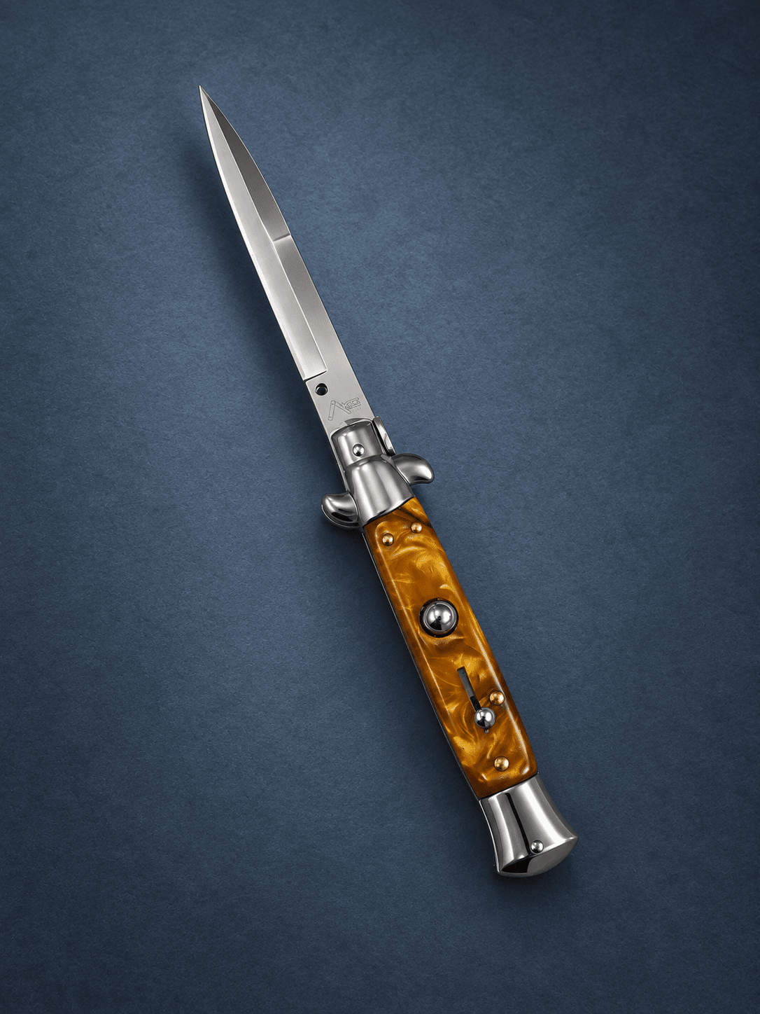 AKC 9 Italian Stiletto Gold Pearl Knife - (3.75 Polished Bayonet)