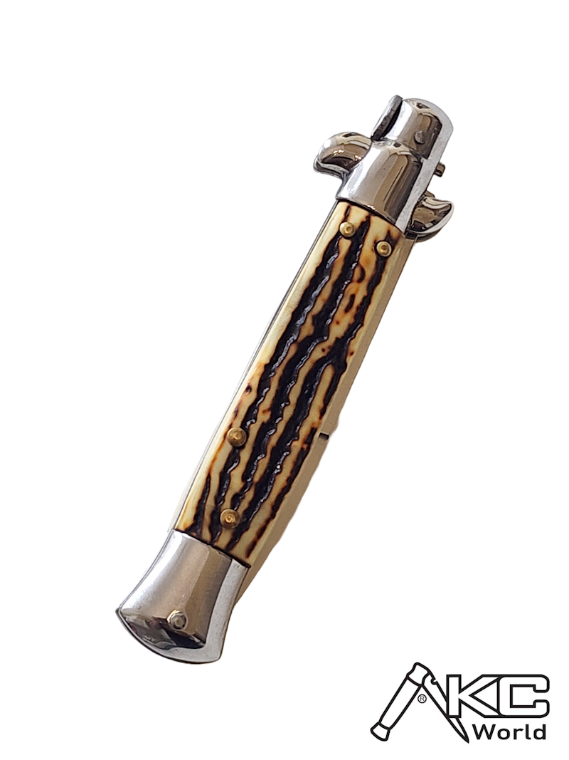 Italian Stiletto automatic knife, AKC 9 inch Sim Stag bayonet, precision craftsmanship blade