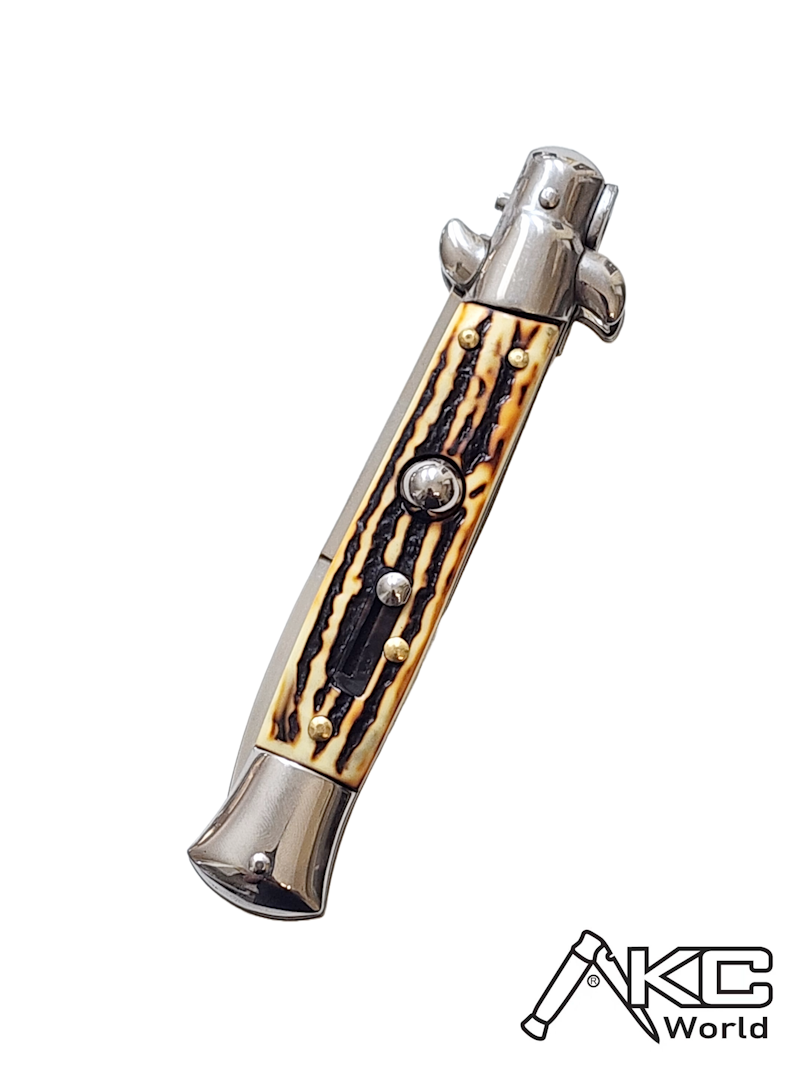 Italian Stiletto automatic knife, AKC 9 inch Sim Stag bayonet, precision craftsmanship blade