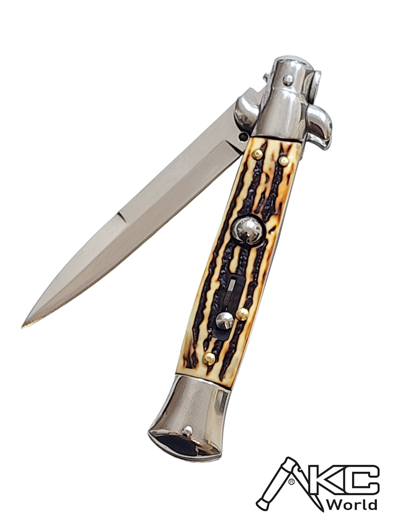 Italian Stiletto automatic knife, AKC 9 inch Sim Stag bayonet, precision craftsmanship blade