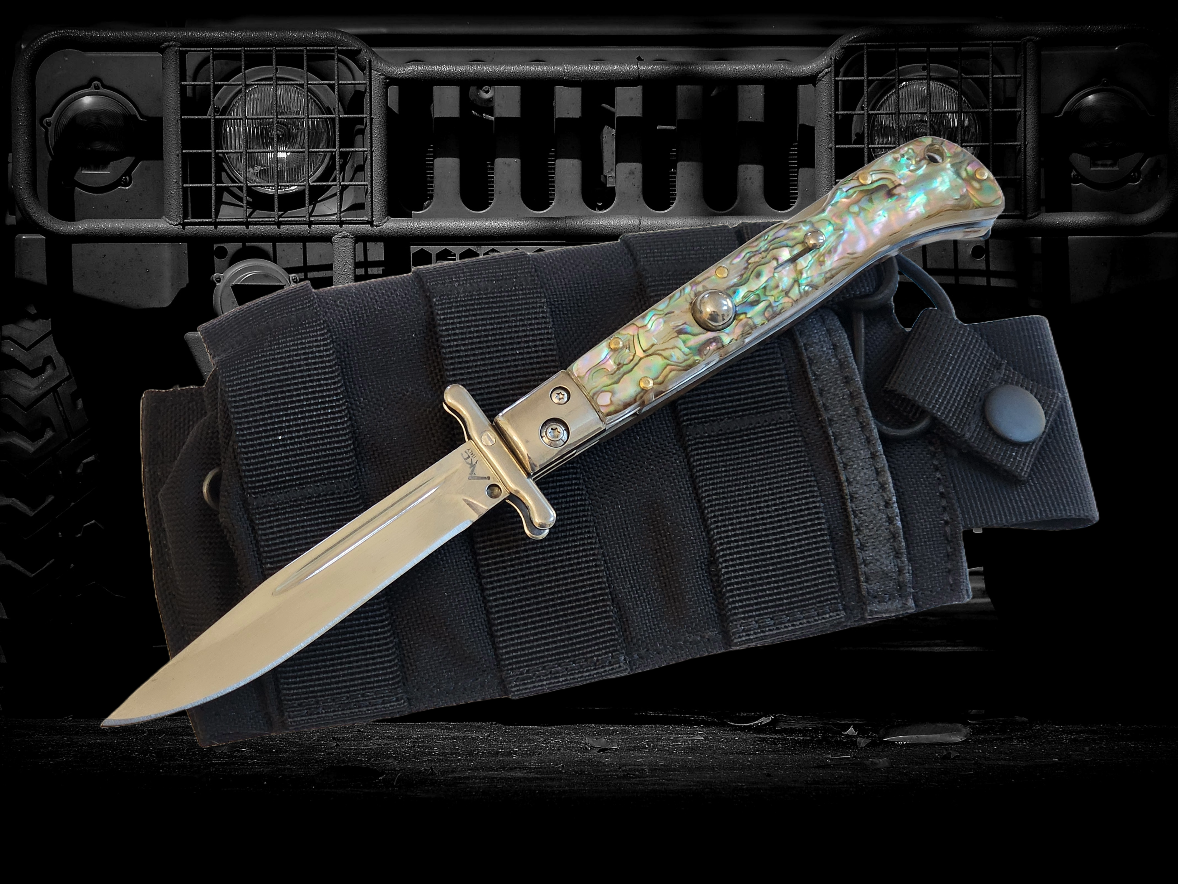 AKC 9" Italian Roma Swinguard Automatic Knife - Abalone (3.75" Polished).
