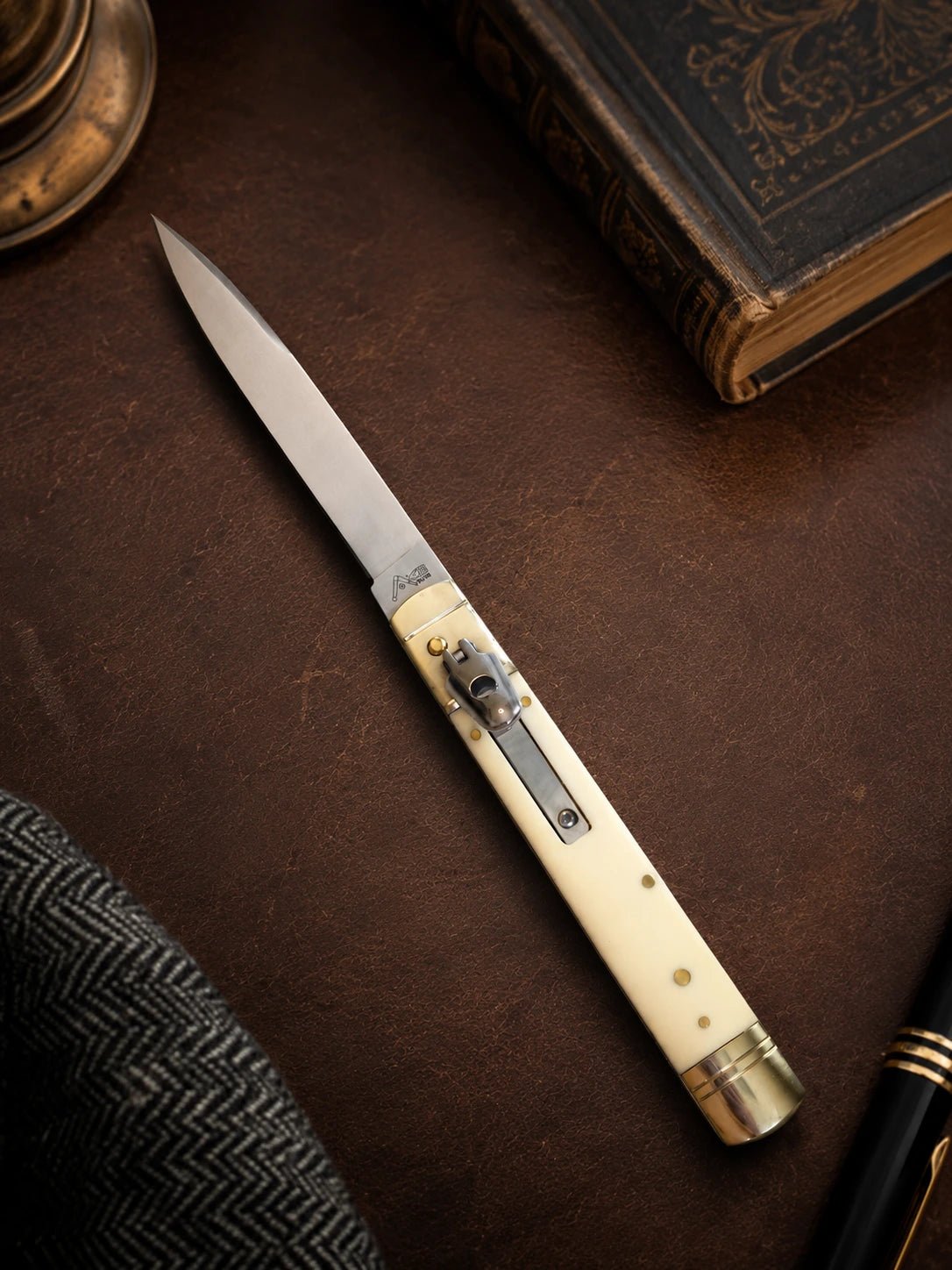 AKC 9" Leverlock Automatic Knife Sim Ivory - Satin Plain