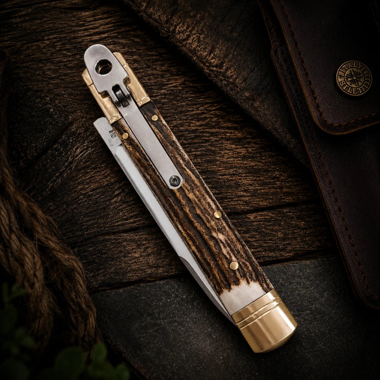 AKC 9 Leverlock Automatic Knife – Genuine Stag Handle, Satin Drop Point Blade